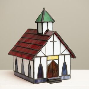 VTG Stained Glass Tiffany Style Church Lighted w/ Box Folk Art Country Christmas